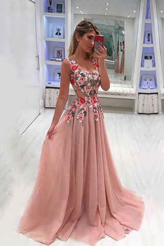 Fashion Blush Pink See Through Lace Flowers Prom Dress Formal Evening Party Dresses