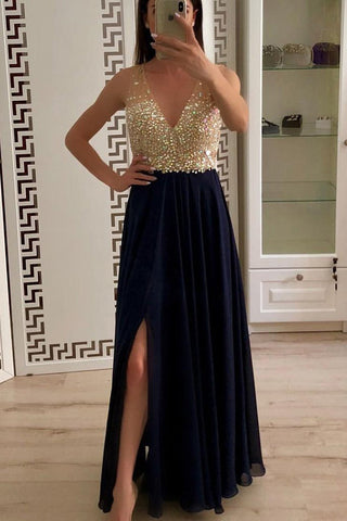 Shiny Crystal Beaded A Line V Neck Black Long Prom Dresses Formal Evening Party Dress