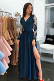 Fashion Dark Blue Long Sleeves V Neck Lace Long Prom Dresses Formal Evening Party Dress