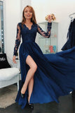 Fashion Dark Blue Long Sleeves V Neck Lace Long Prom Dresses Formal Evening Party Dress