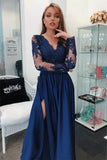 Fashion Dark Blue Long Sleeves V Neck Lace Long Prom Dresses Formal Evening Party Dress