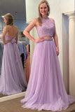 Open Back High Neck Lilac Beaded Long Two Piece Prom Dress Formal Evening Party Dresses