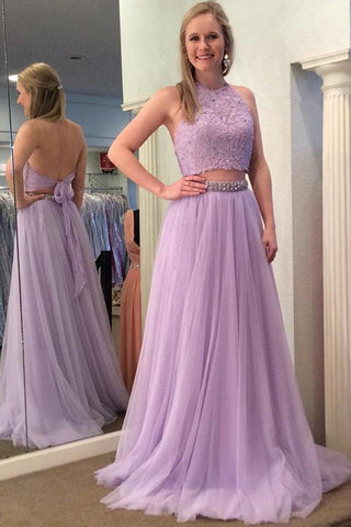 Open Back High Neck Lilac Beaded Long Two Piece Prom Dress Formal Evening Party Dresses