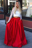 Two Piece Long Sleeves White Lace Red Satin Prom Dresses Formal Evening Party Gown Dress