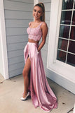 Two Piece Lace Pink U Neck Backless Prom Dress With Pocket Formal Evening Party Dresses
