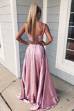 Two Piece Lace Pink U Neck Backless Prom Dress With Pocket Formal Evening Party Dresses