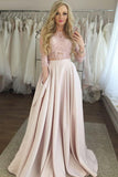 Two Pieces 3/4 Long Sleeves Lace Light Pink Prom Dress Formal Evening Gown Dresses