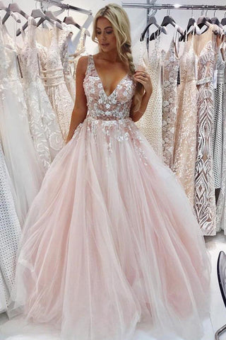 Chic Open Back See Through Lace Pink V Neck Prom Dress Formal Evening Grad Gown Dresses