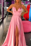 A Line Spaghetti Straps V Neck Split Pink Long Prom Dress Formal Evening Grad Dresses