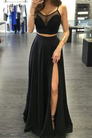 Front Slit Black Chiffon Two Piece Party Dress Evening Gowns Prom Dresses