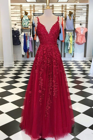 Charming A Line Lace Burgundy V Neck Long Prom Dress Formal Evening Party Dresses
