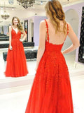 Charming A Line Lace Burgundy V Neck Long Prom Dress Formal Evening Party Dresses