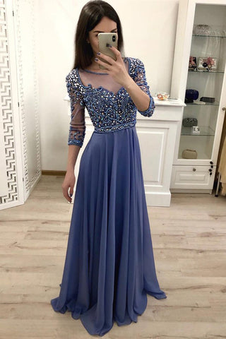 New Arrival Long Sleeve Dark Blue Rhinestones Crystal Prom Dress Formal Evening Grad Dresses