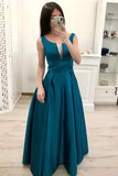 Simple A Line Satin V Neck Sleeveless Long Prom Dress Formal Evening Grad Gown Dresses