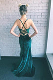 Fashion Open Back Spaghetti Straps Velvet Slit Mermaid Prom Dresses Formal Evening Dress