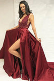 Charming Burgundy V Neck Beaded Lace Appliques Long Prom Dresses Formal Evening Grad Dress