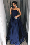 Elgant A Line Strapless Navy Blue Long Prom Dresses Formal With Pocket Evening Party Dress