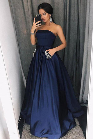 Elgant A Line Strapless Navy Blue Long Prom Dresses Formal With Pocket Evening Party Dress