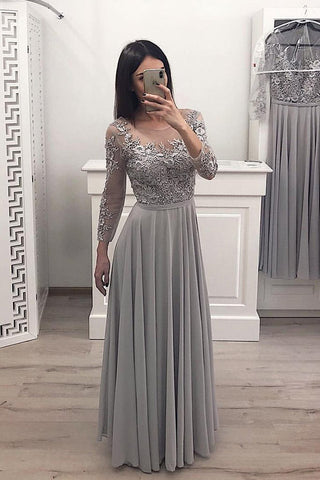 Lace Appliques Grey Long Sleeves Chiffon Fashion Prom Dress Formal Evening Grad Dresses