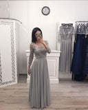 Lace Appliques Grey Long Sleeves Chiffon Fashion Prom Dress Formal Evening Grad Dresses