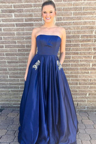 Fashion A Line Strapless Dark Blue Beaded Formal Prom Dresses Evening Dress With Pocket