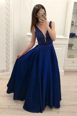 Deep V Neck Beaded Dark Blue Satin Long Prom Dresses Formal Evening Grad Gowns Dress