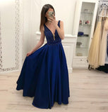 Deep V Neck Beaded Dark Blue Satin Long Prom Dresses Formal Evening Grad Gowns Dress