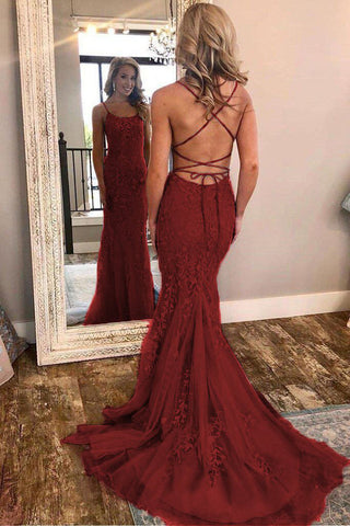 Burgundy Lace Open Back Spaghetti Straps Mermaid Formal Prom Dress Evening Party Dresses