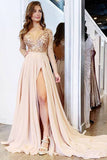 Fashion V Neck Long Sleeve Sequin Appliques See Through Prom Dress Formal Evening Dresses