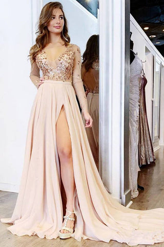 Fashion V Neck Long Sleeve Sequin Appliques See Through Prom Dress Formal Evening Dresses