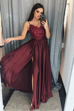 Fashion Burgundy A Line Spaghetti Straps Lace Long Prom Dress Formal Evening Grad Dresses