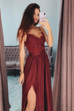 Fashion Burgundy A Line Spaghetti Straps Lace Long Prom Dress Formal Evening Grad Dresses