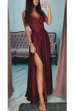 Fashion Burgundy A Line Spaghetti Straps Lace Long Prom Dress Formal Evening Grad Dresses