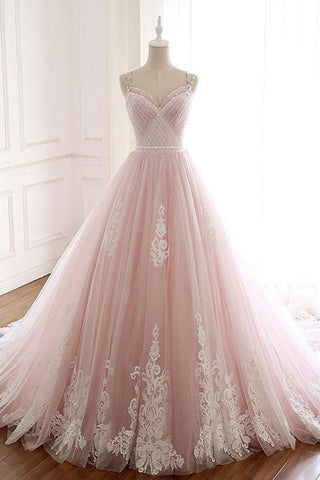 New Style Straps Lace Appliques Beaded Pink Ball Gown Prom Dress Formal Evening Grad Dresses LD2037