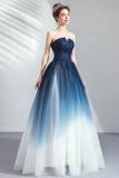 New Navy Blue Ombre Tulle Strapless Long Prom Dress Formal Evening Grad Gown Dresses