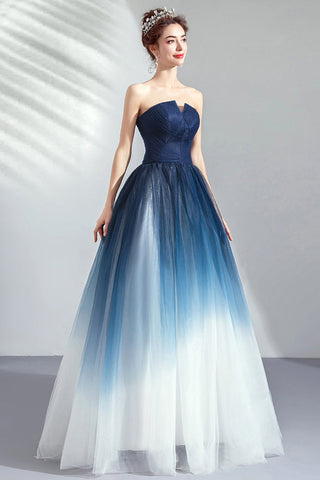 New Navy Blue Ombre Tulle Strapless Long Prom Dress Formal Evening Grad Gown Dresses