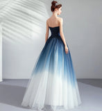 New Navy Blue Ombre Tulle Strapless Long Prom Dress Formal Evening Grad Gown Dresses