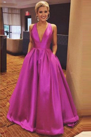 Backless Hot Pink V Neck Elegant Evening Gowns Prom Dress With Back Bow