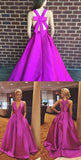 Backless Hot Pink V Neck Elegant Evening Gowns Prom Dress With Back Bow
