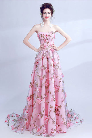 Charming A Line Strapless 3D Floral Pink Prom Dresses Long Formal Evening Grad Dress