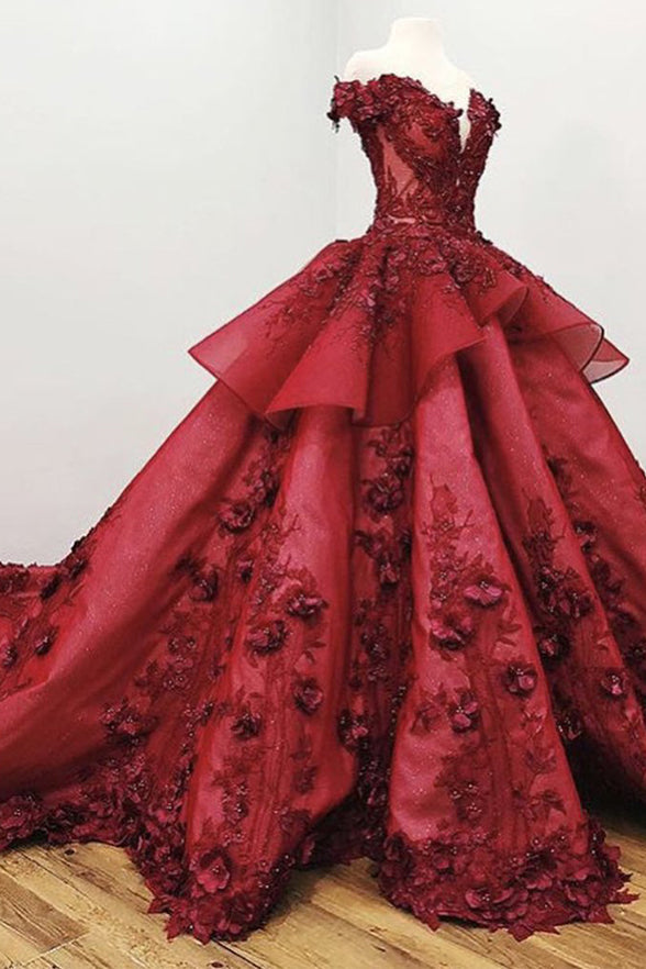 Luxurious Burgundy Lace Ball Gown 3D Floral Prom Dresses Formal Evening Quinceanera Dress