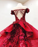 Luxurious Burgundy Lace Ball Gown 3D Floral Prom Dresses Formal Evening Quinceanera Dress