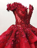 Luxurious Burgundy Lace Ball Gown 3D Floral Prom Dresses Formal Evening Quinceanera Dress