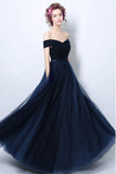 Simple Navy Blue Tulle Off the Shoulder Long Formal Prom Dresses Evening Grad Dress