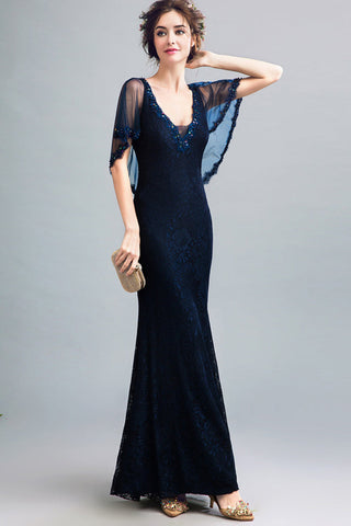 New 2019 V Neck Navy Blue Lace Mermaid Prom Dresses With Tippet Long Formal Evening Dress