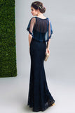 New 2019 V Neck Navy Blue Lace Mermaid Prom Dresses With Tippet Long Formal Evening Dress