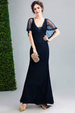 New 2019 V Neck Navy Blue Lace Mermaid Prom Dresses With Tippet Long Formal Evening Dress