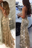 Spaghetti Straps Sequin Shiny Open Back Lace Mermaid Long Prom Dresses Formal Evening Dress