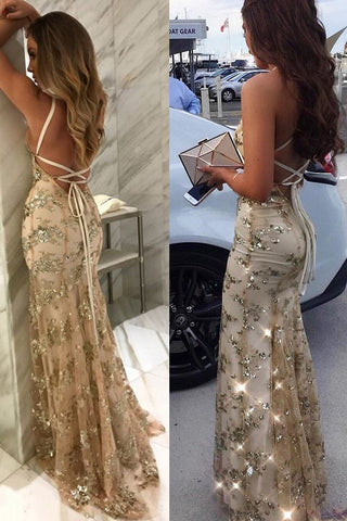Spaghetti Straps Sequin Shiny Open Back Lace Mermaid Long Prom Dresses Formal Evening Dress