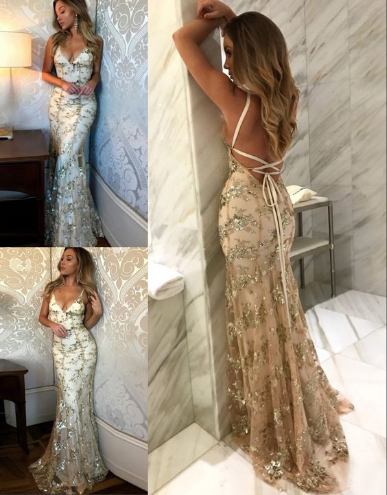 Spaghetti Straps Sequin Shiny Open Back Lace Mermaid Long Prom Dresses Formal Evening Dress